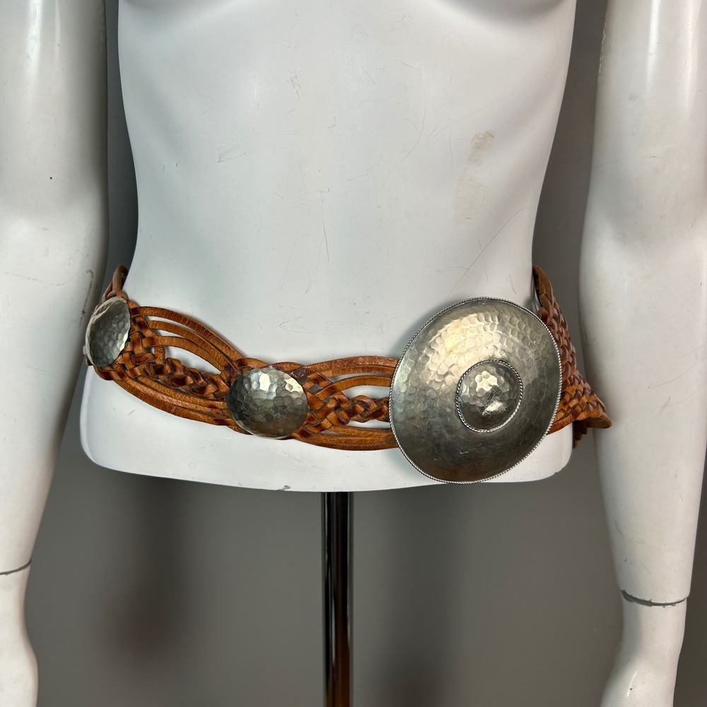 VTG Braided Concho Boho leather belt M / L Chico's Hammered Silver Statement